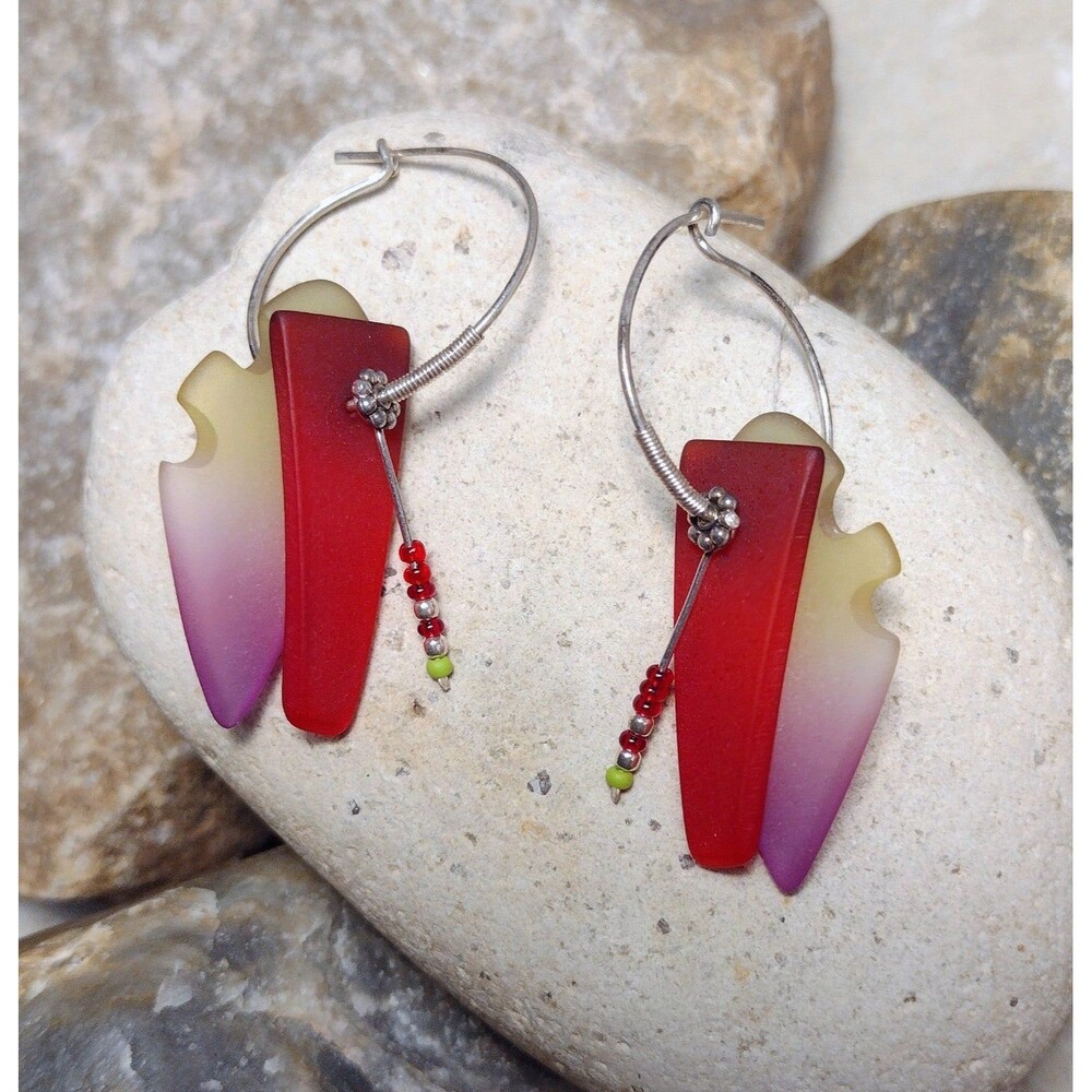 Modernist Sterling Silver Lucite Glass Beaded Artisan Dangle Earrings